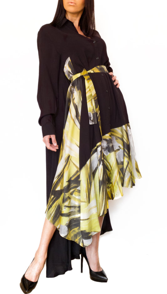 Silk-Chiffon Midi Versatile Dress Black/Yellow