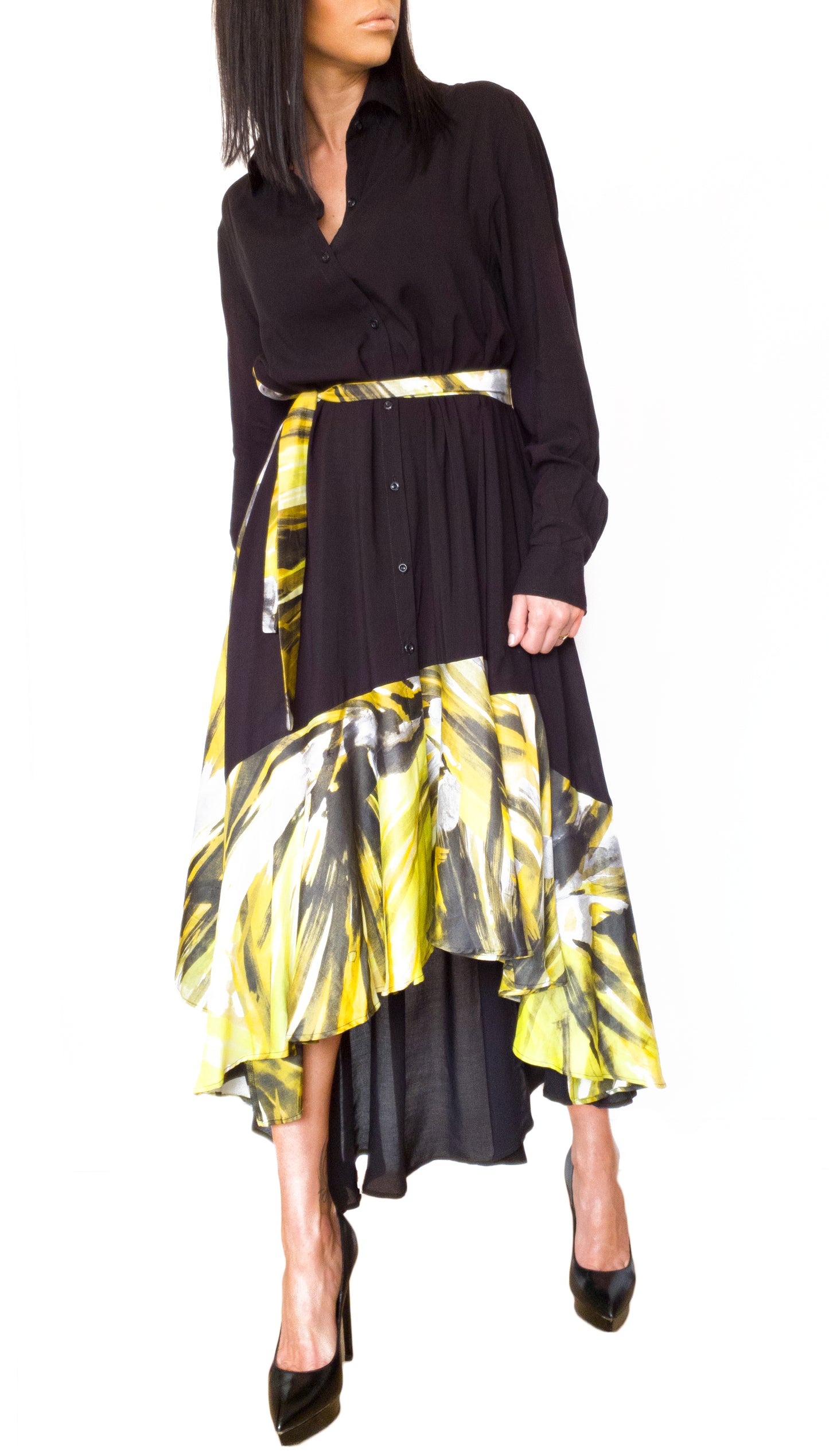 Silk-Chiffon Midi Versatile Dress Black/Yellow