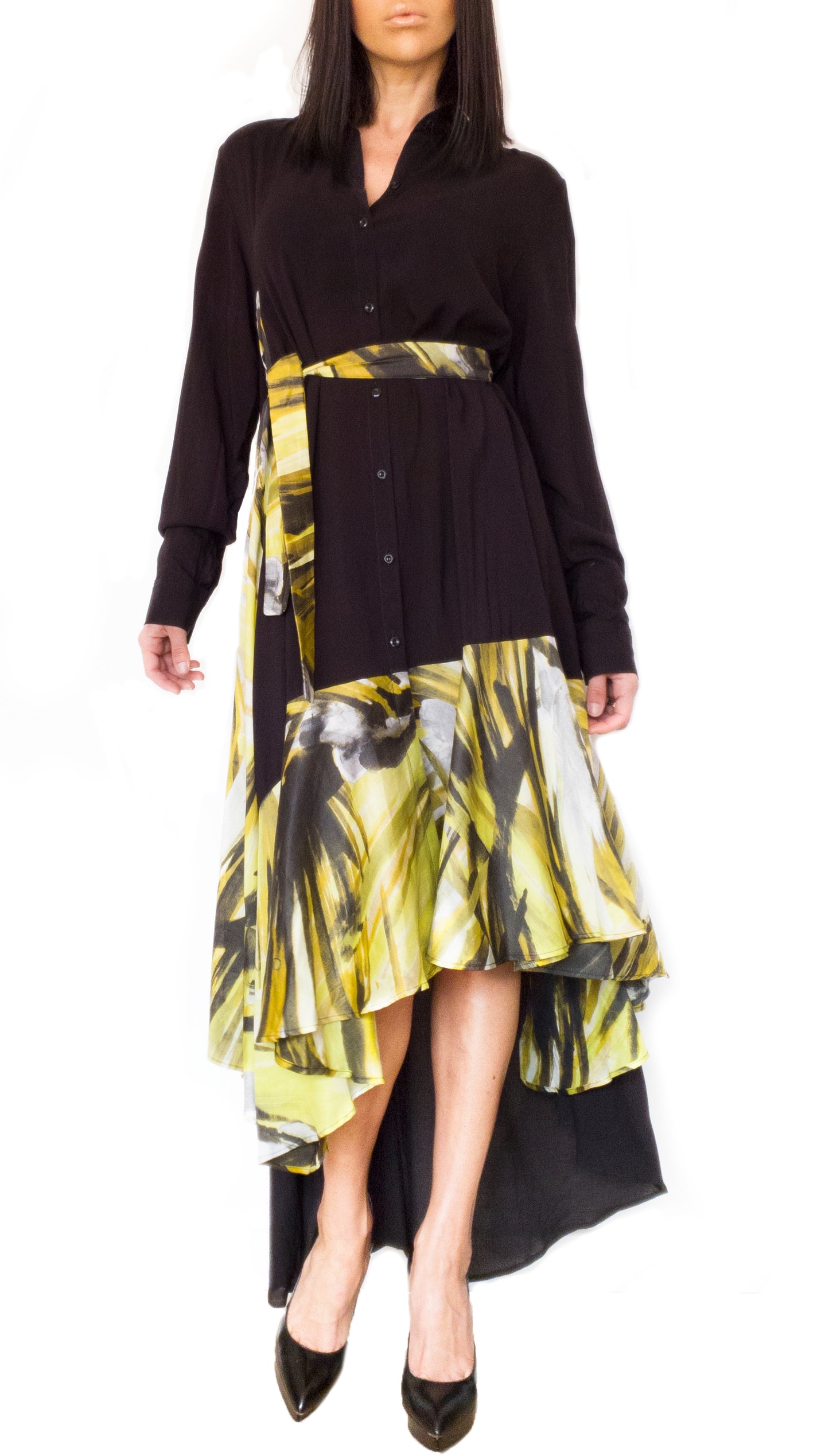 Silk-Chiffon Midi Versatile Dress Black/Yellow