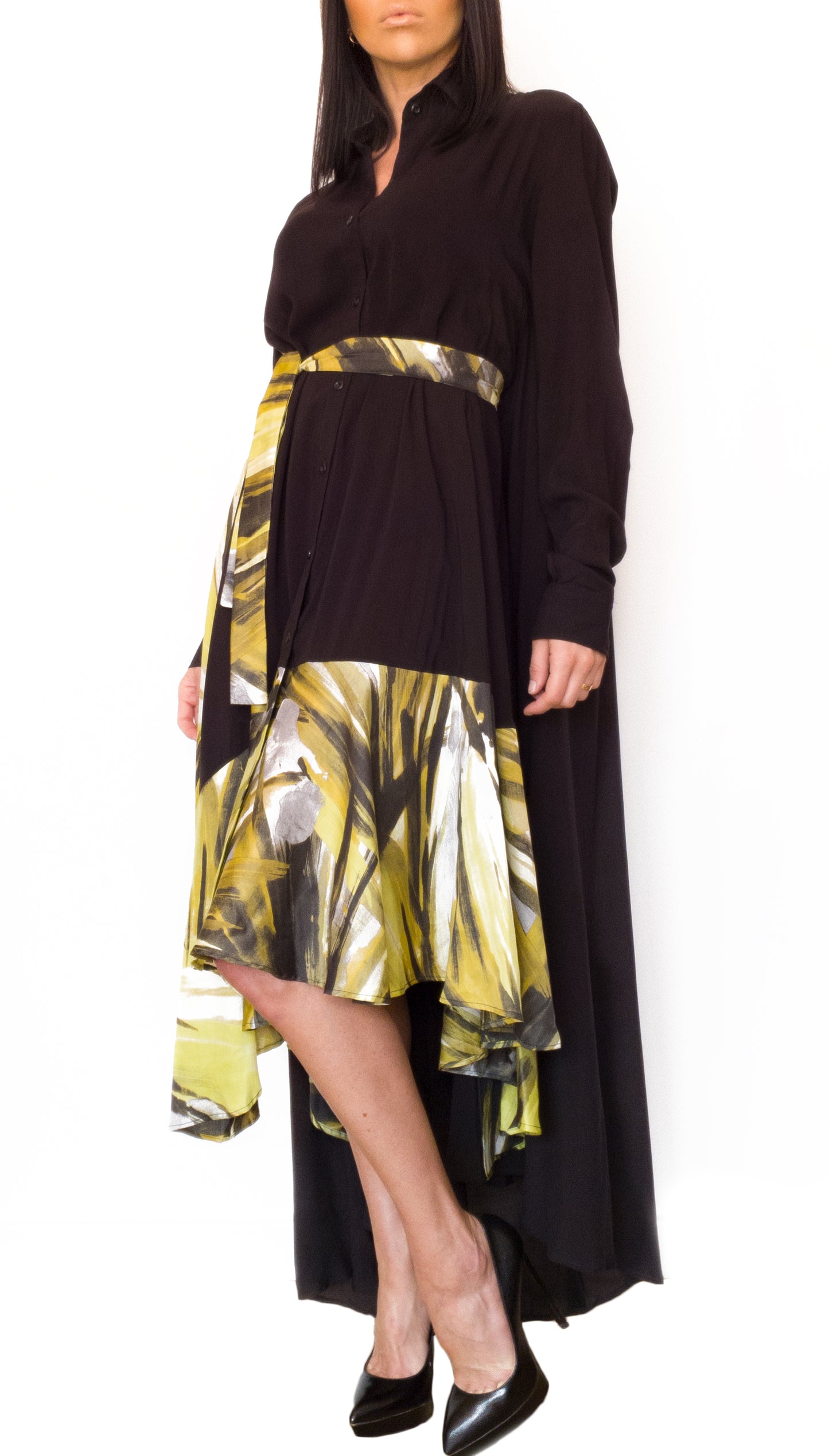 Silk-Chiffon Midi Versatile Dress Black/Yellow