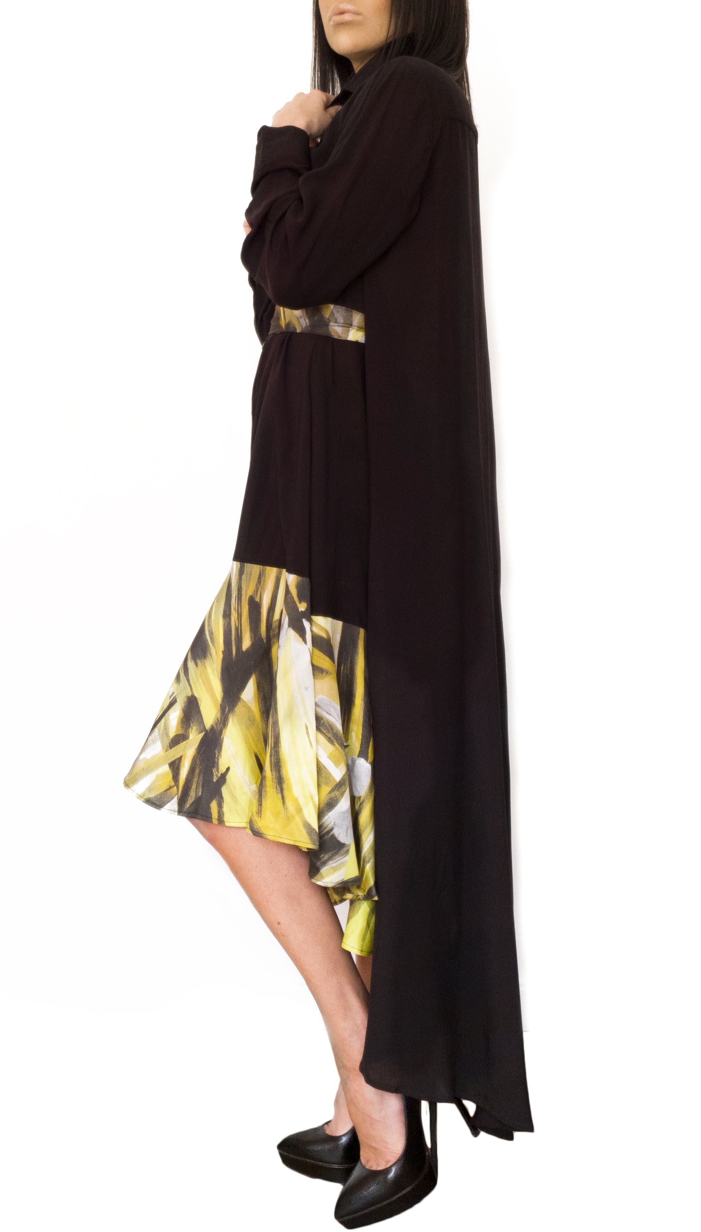 Silk-Chiffon Midi Versatile Dress Black/Yellow