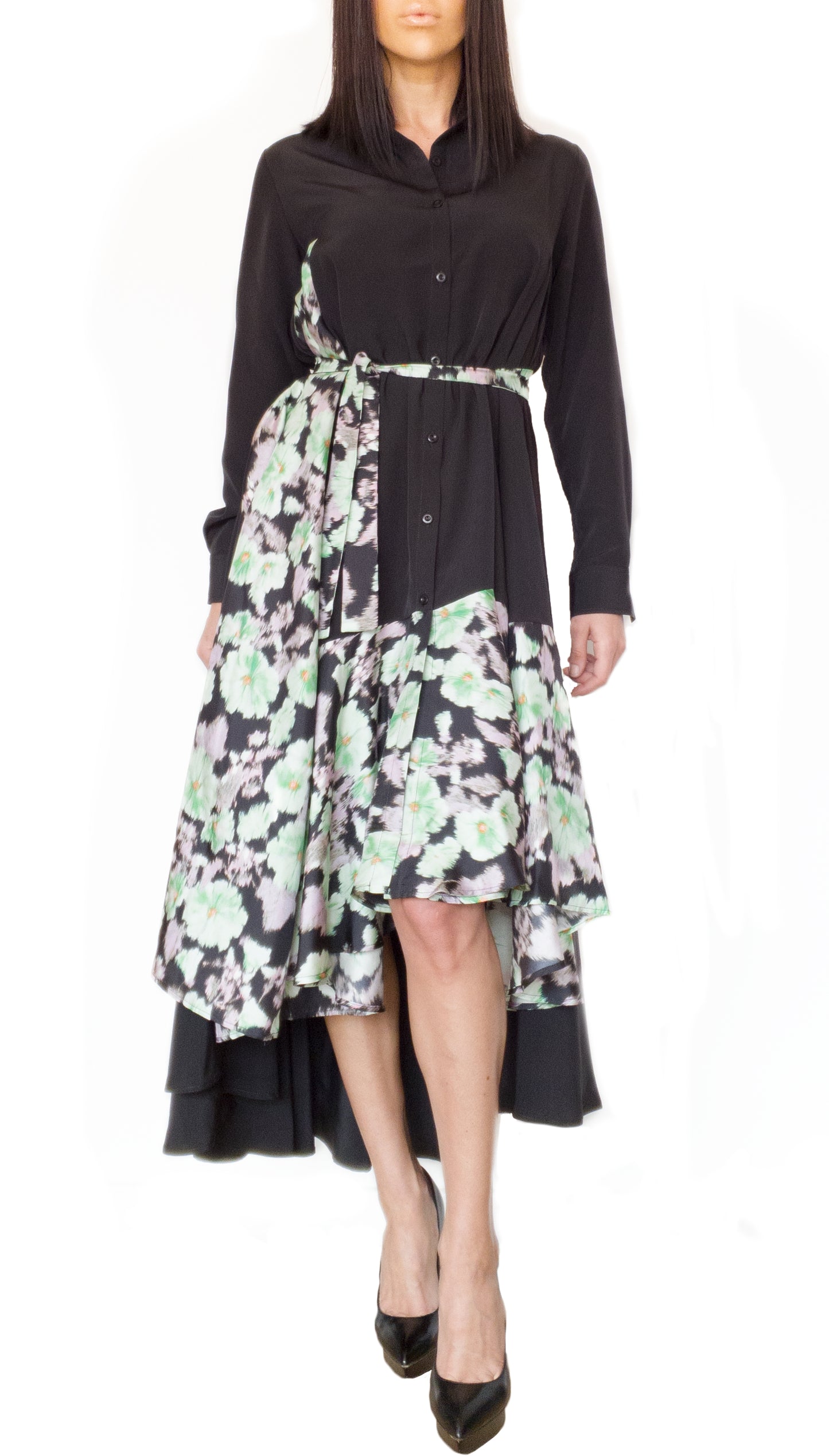 Silk-Chiffon Midi Versatile Dress Black/Yellow