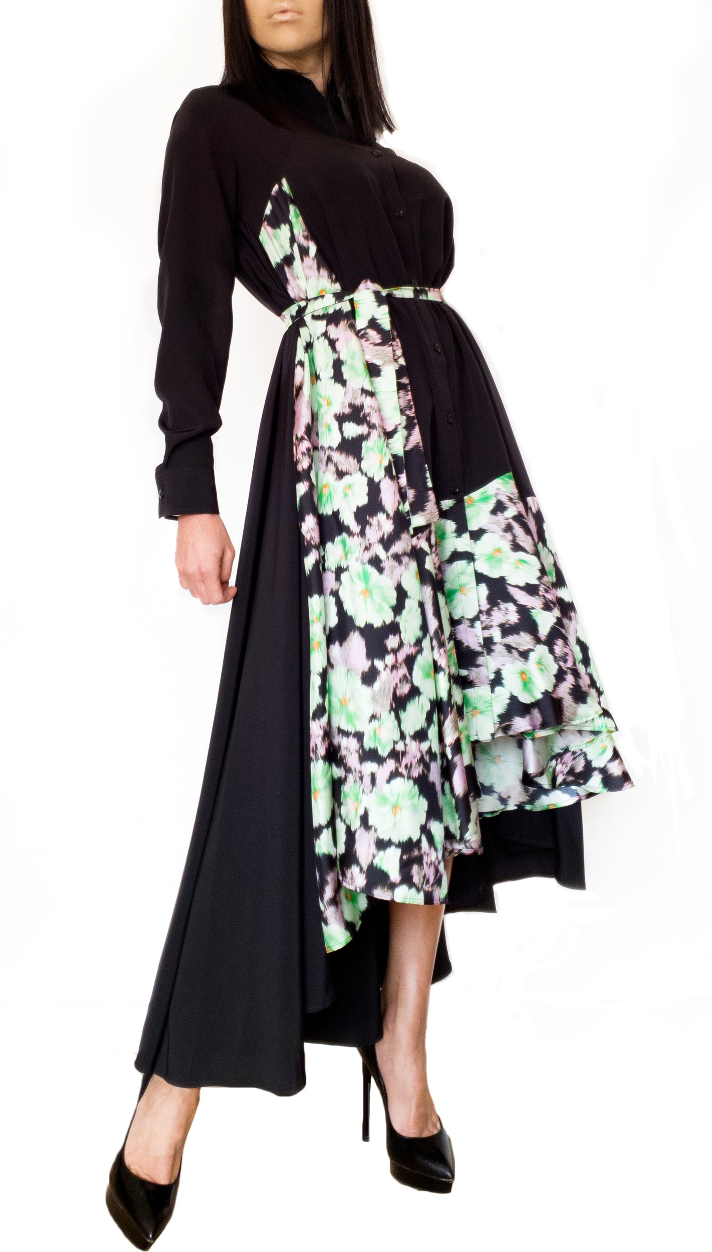 Silk-Chiffon Midi Versatile Dress Black/Yellow