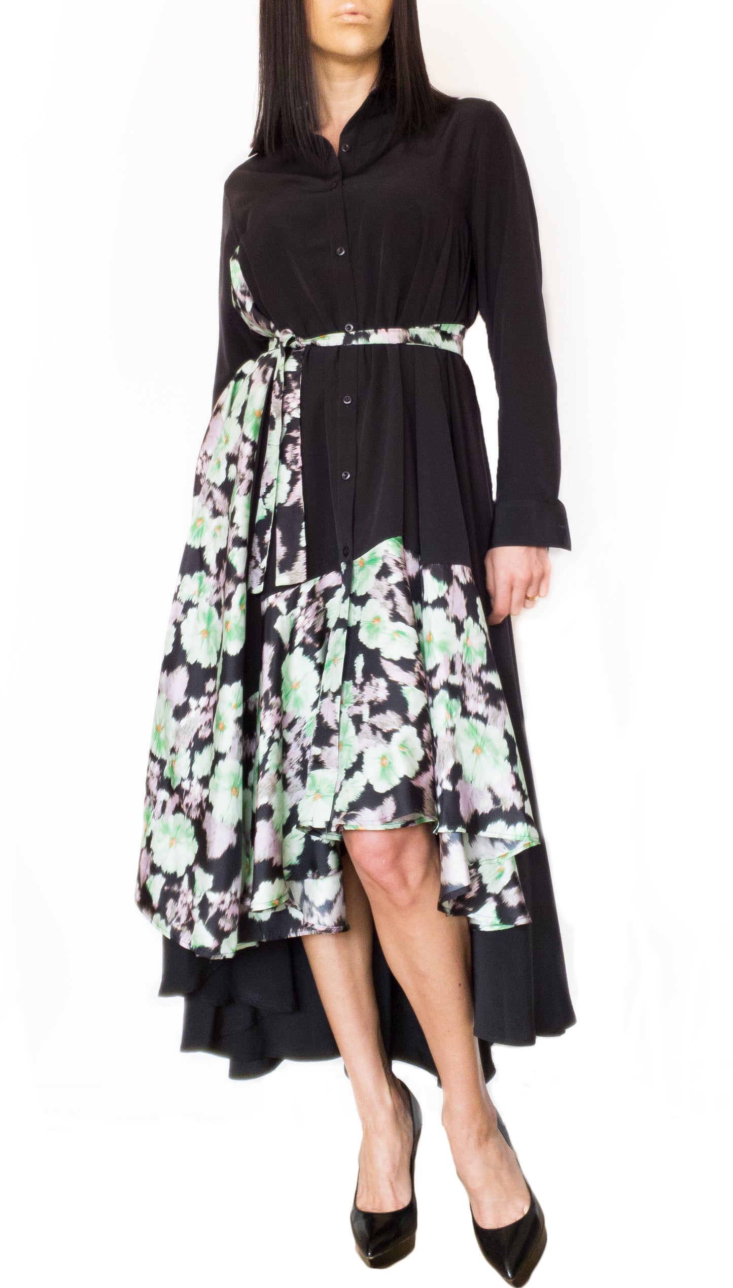 Silk-Chiffon Midi Versatile Dress Black/Yellow