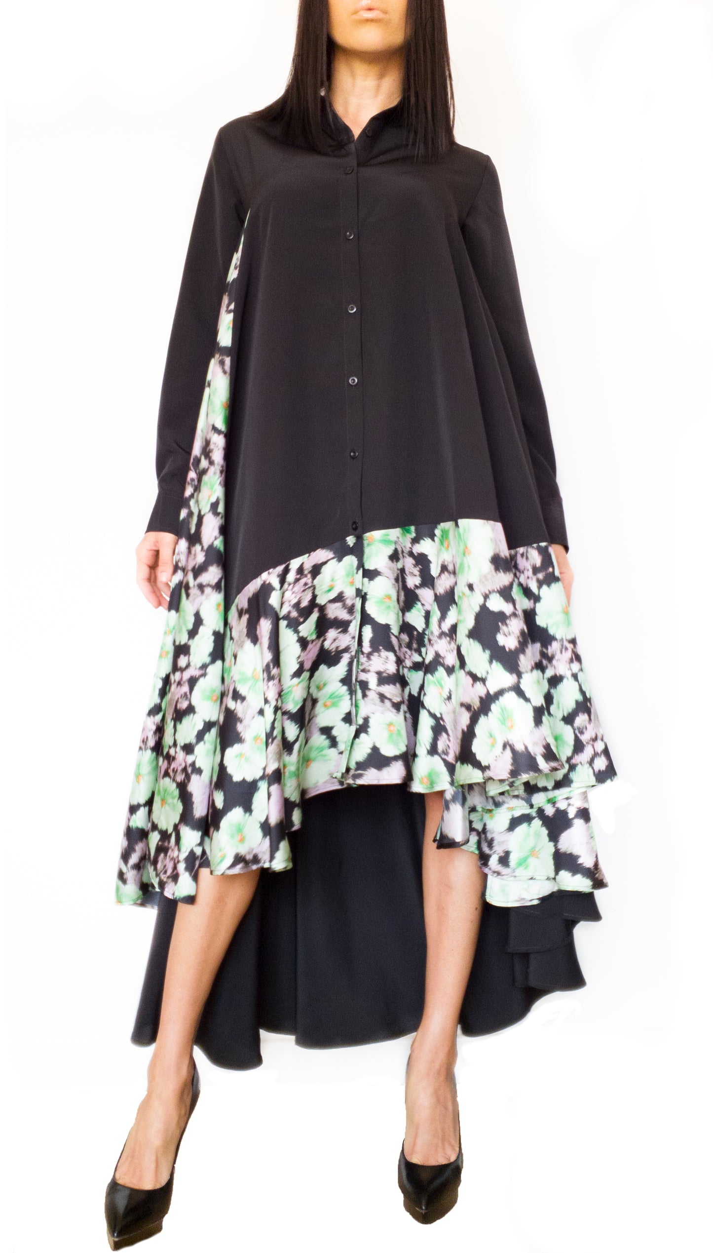 Silk-Chiffon Midi Versatile Dress Black/Yellow