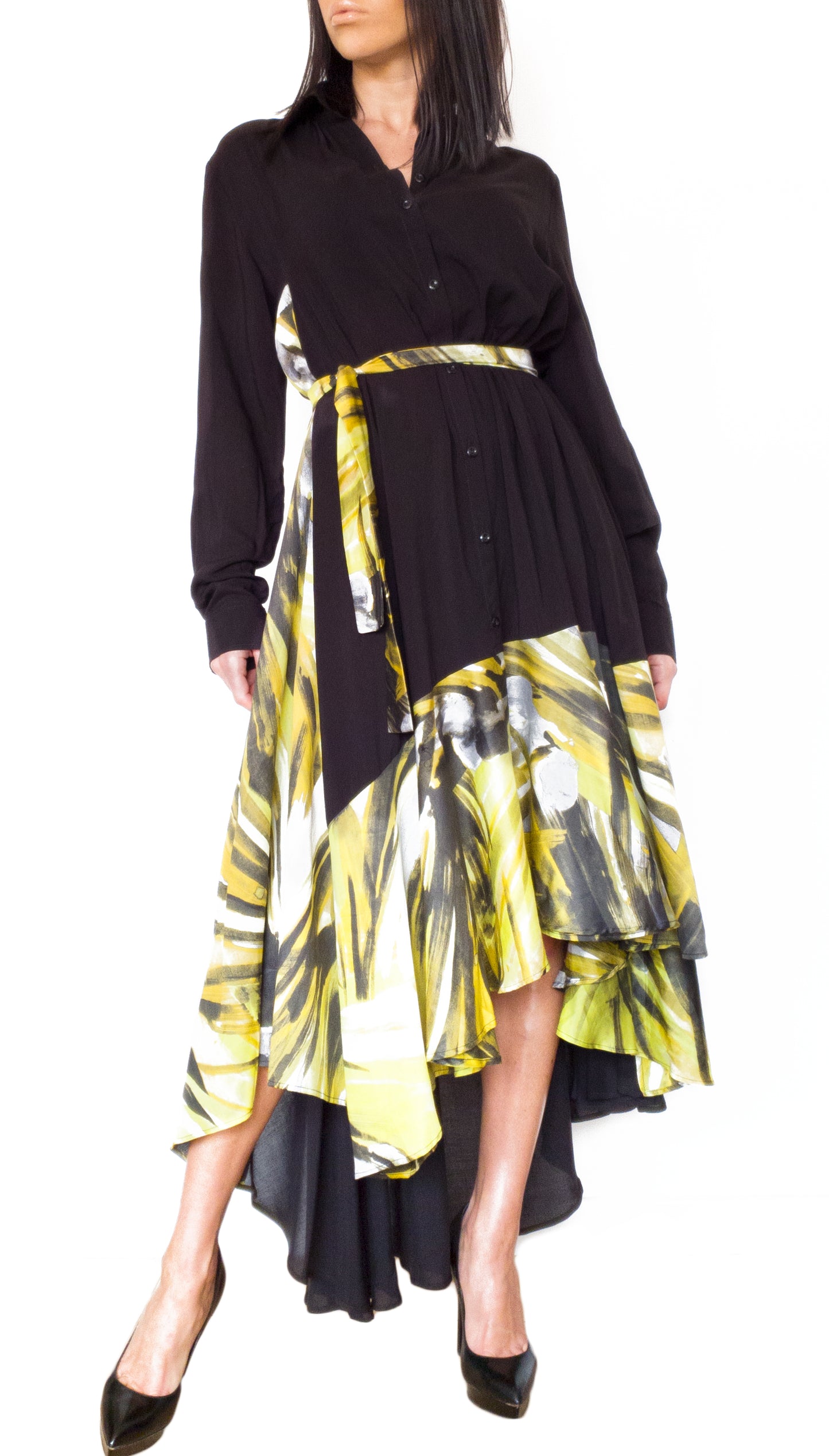 Silk-Chiffon Midi Versatile Dress Black/Yellow